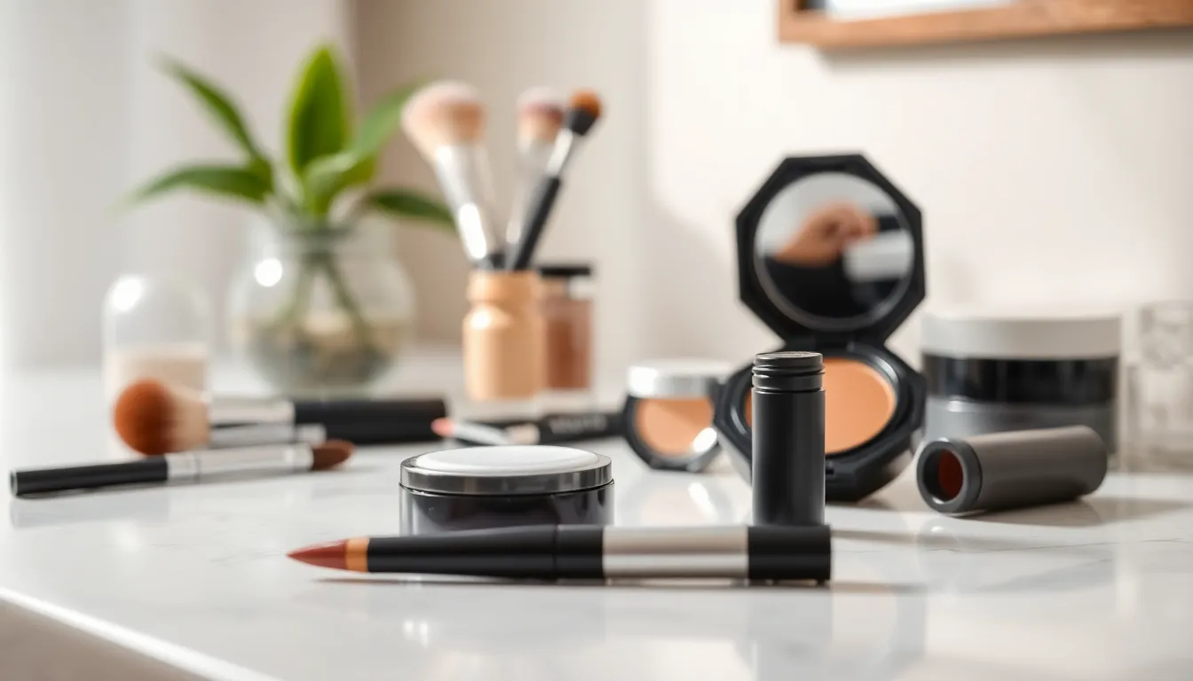 메이크업 도구와 화장품으로 꾸며진 테이블