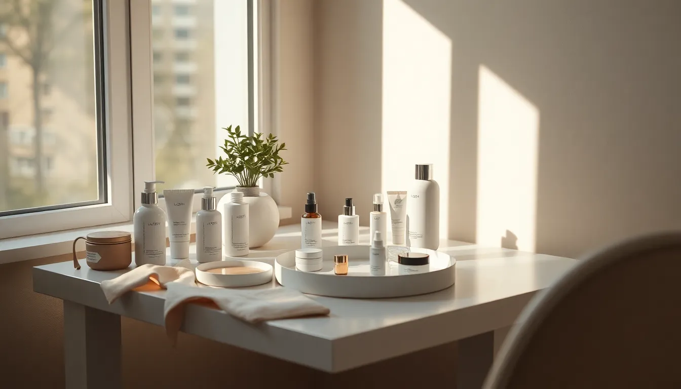 메이크업 제품과 브러시가 놓인 모습