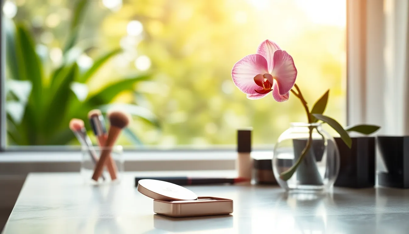 다양한 색상의 립스틱과 메이크업 도구들이 놓여있는 이미지