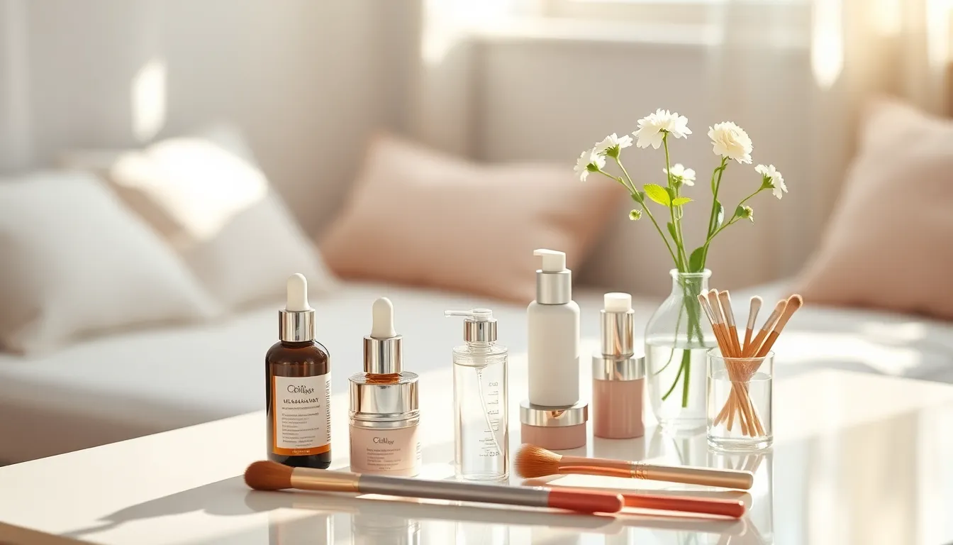다양한 화장품과 메이크업 도구들이 있는 풍경