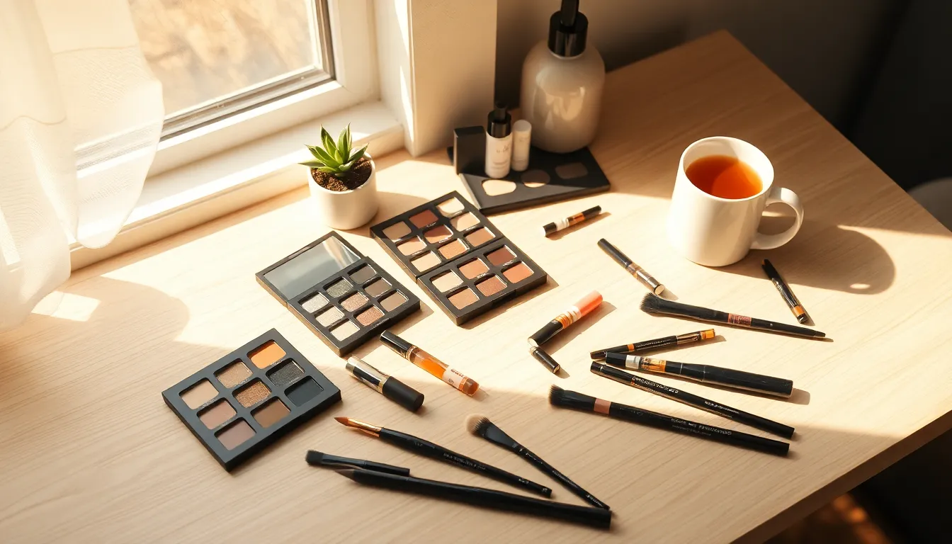 다양한 메이크업 도구와 화장품으로 꾸며진 메이크업 테이블