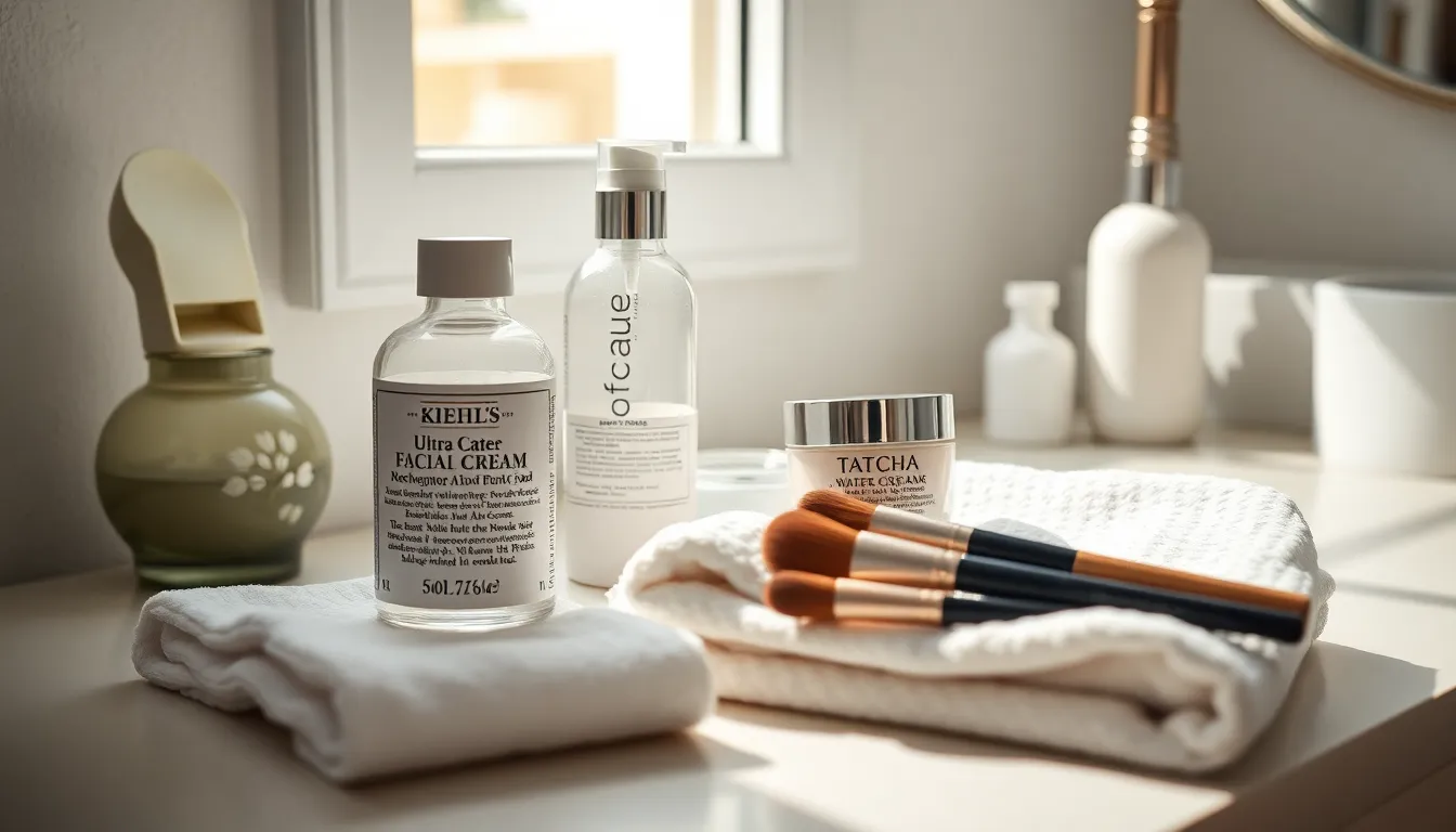 메이크업 제품과 브러쉬 이미지