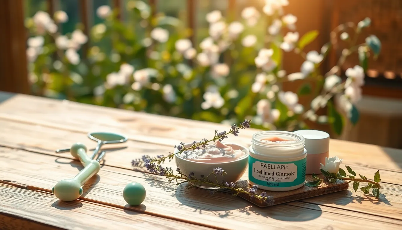 다양한 스킨케어 제품과 메이크업 도구들이 놓여 있는 아름다운 공간