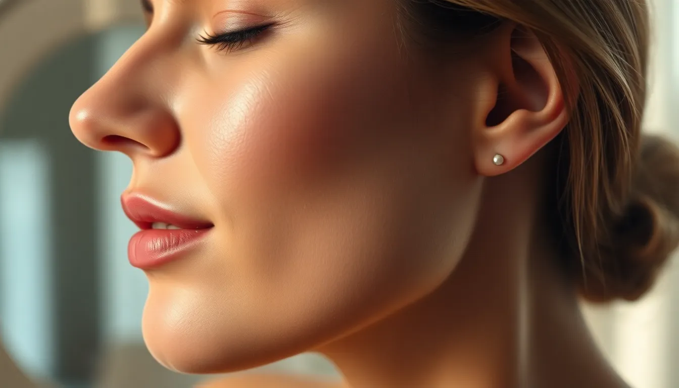 촉촉하고 빛나는 피부 메이크업을 한 여성