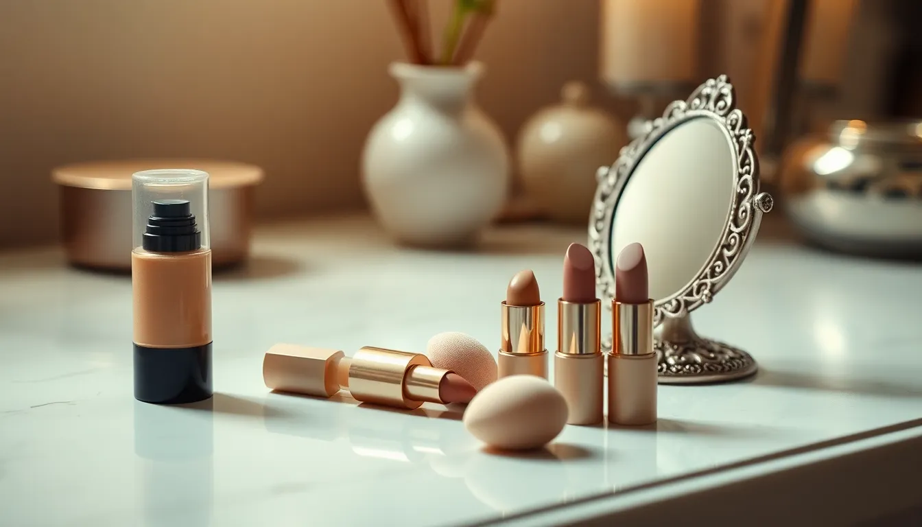 메이크업 제품들로 깔끔하게 정리된 메이크업 테이블 이미지