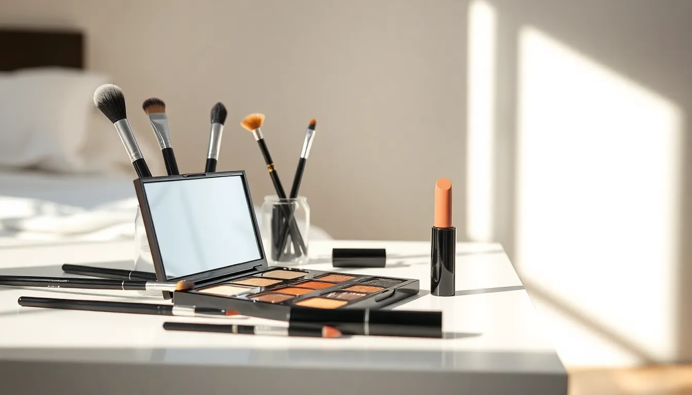 메이크업과 스킨케어 도구들이 놓여있는 이미지