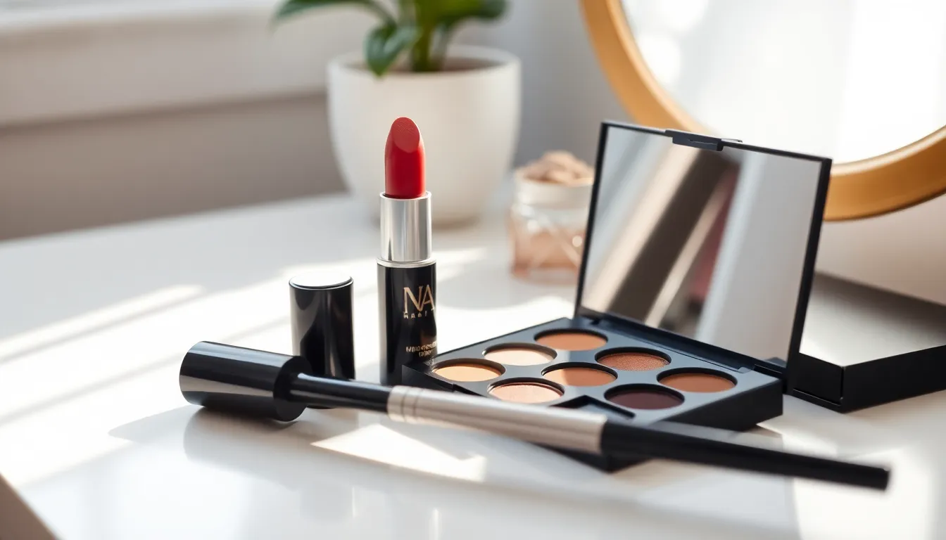 다양한 색상의 립스틱과 틴트가 놓여있는 메이크업 제품 이미지