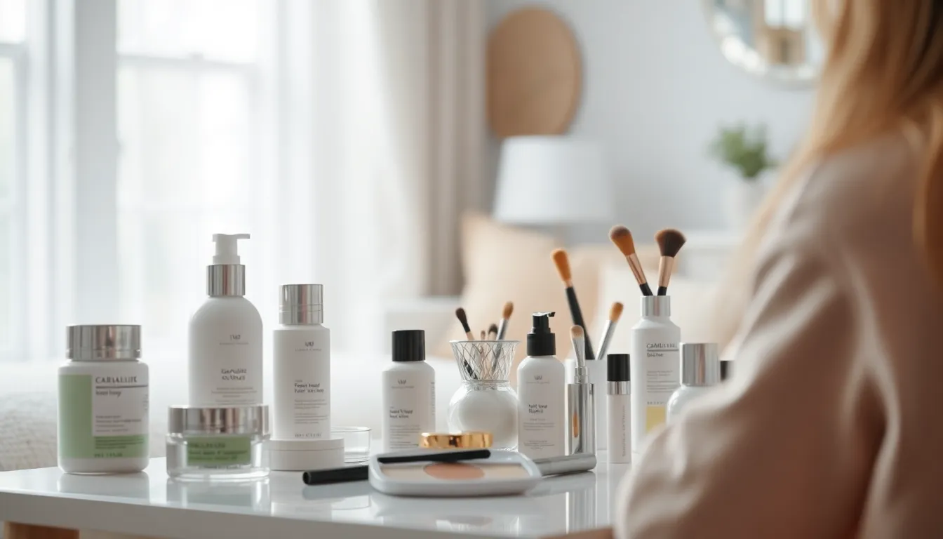 다양한 색상의 메이크업 제품과 브러쉬가 놓여 있는 모습