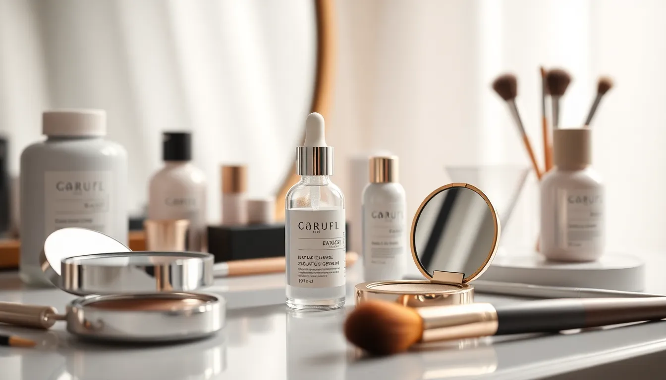메이크업과 스킨케어 도구들이 놓인 화장대 이미지