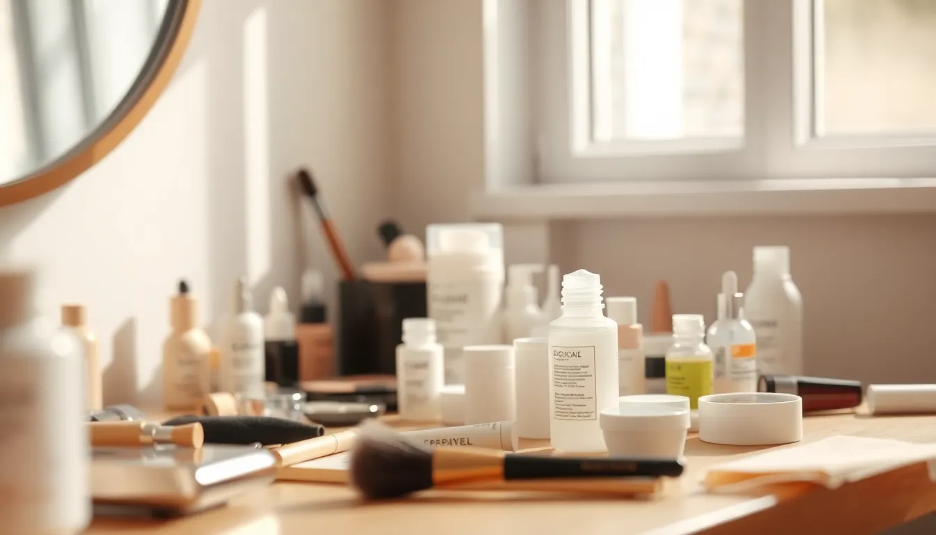다양한 화장품이 놓인 메이크업 테이블