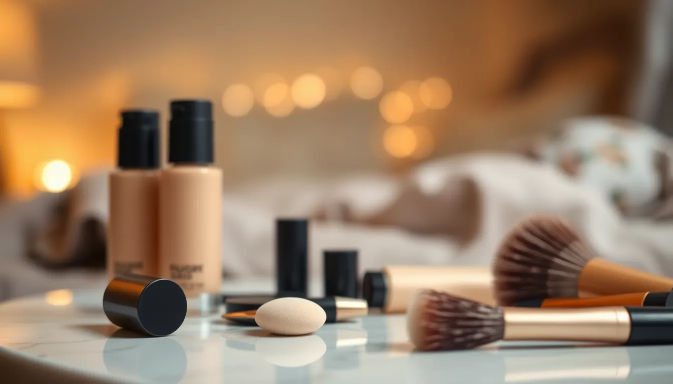 다양한 메이크업 도구와 화장품들이 가지런히 놓여있는 사진입니다.