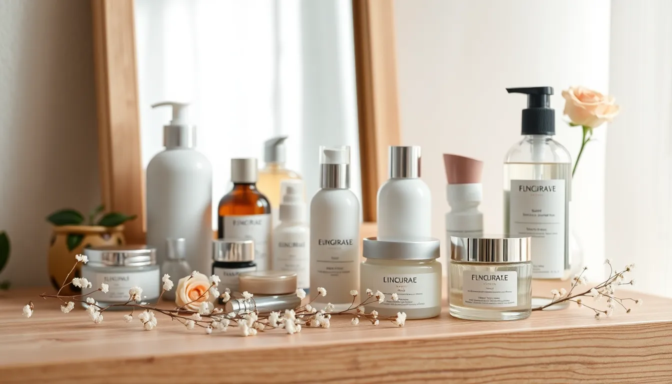 다양한 메이크업 도구와 화장품들이 가지런히 놓여 있는 모습