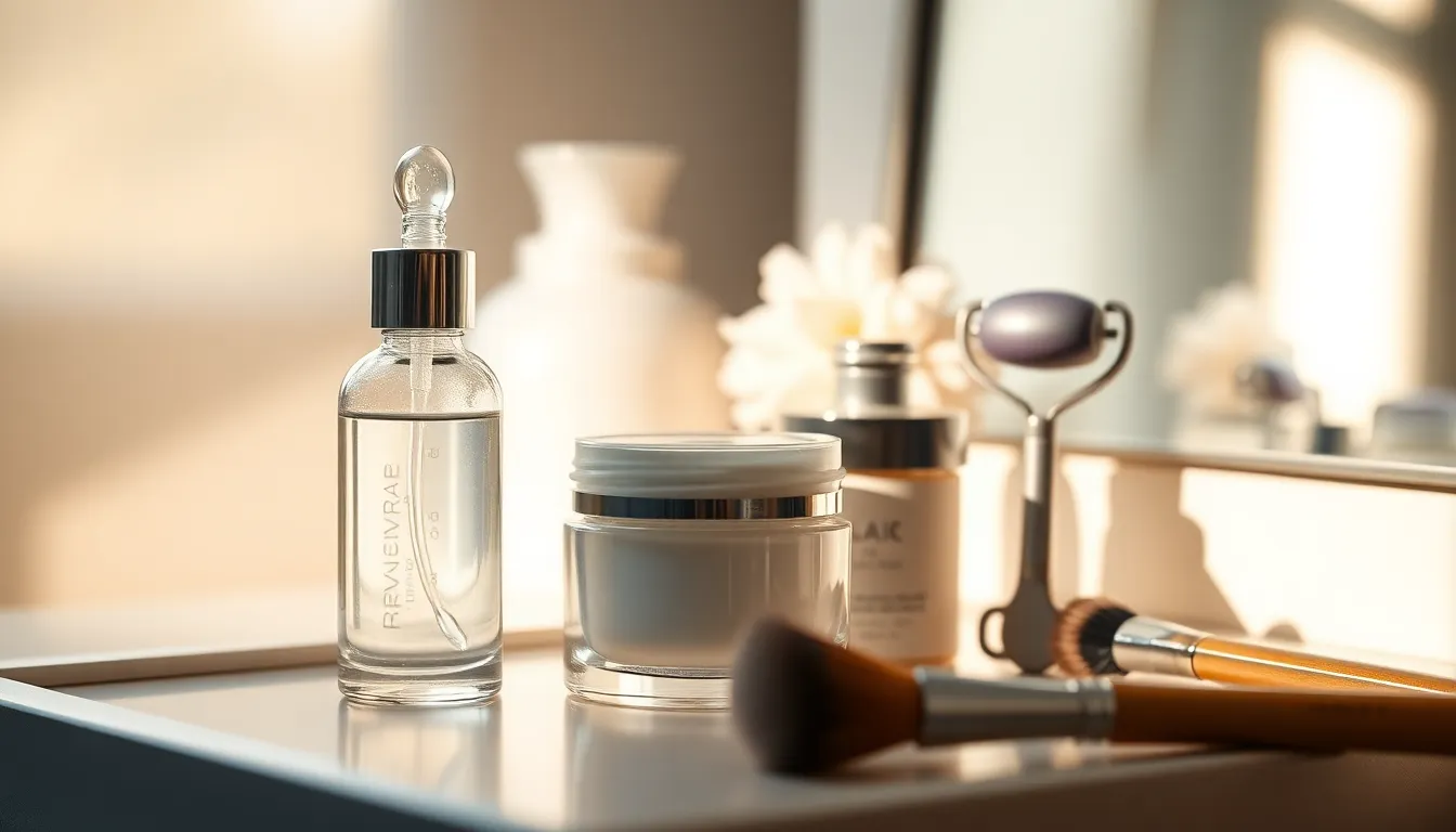 다양한 메이크업 도구와 화장품으로 꾸며진 메이크업 테이블 이미지