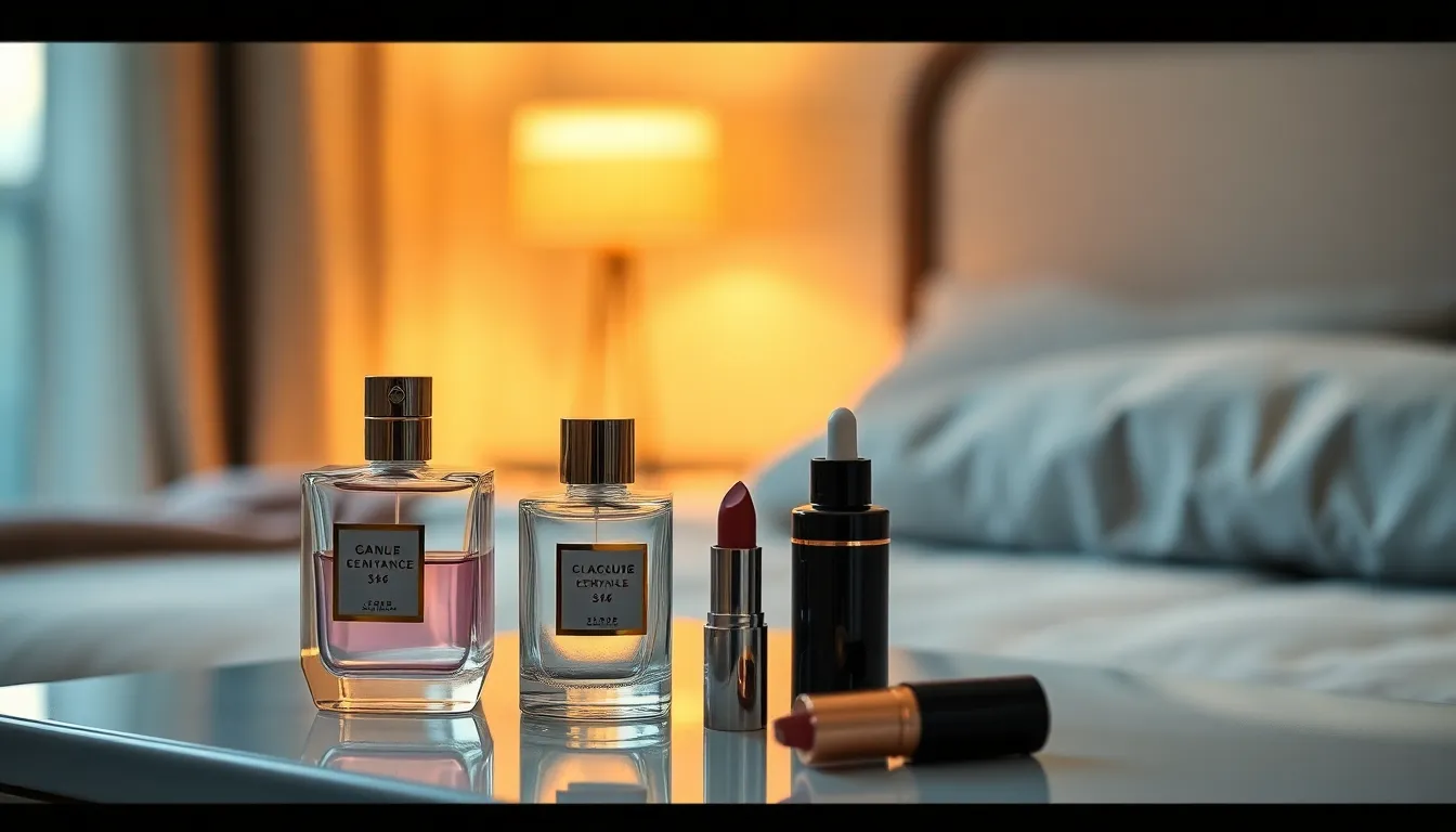 메이크업 제품과 브러쉬가 놓여있는 모습